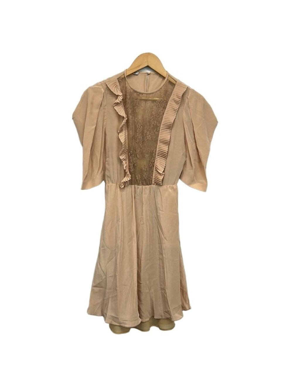 Miu Miu Dress S Pink Beige Crew Neck Three Quarter Sleeve Knee-Length Lace